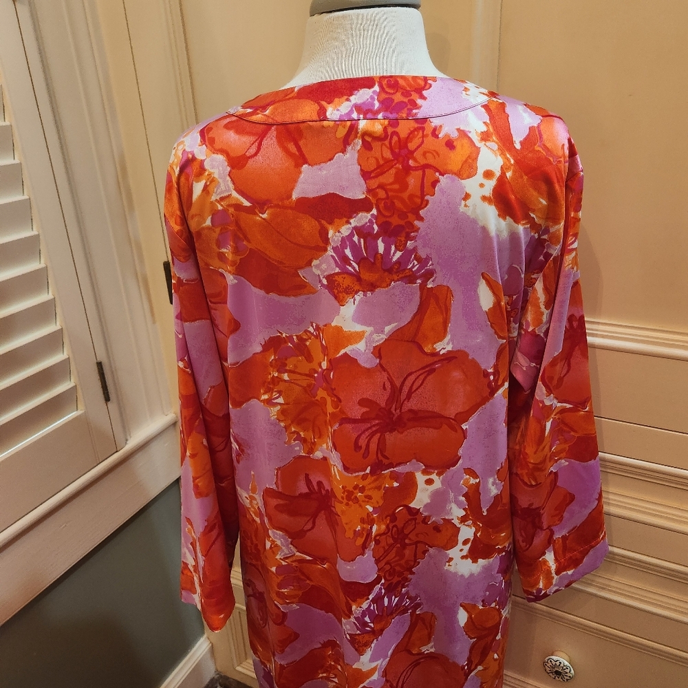Natori Orange & Pink Full-length Sz M Caftan House Dress Gown w/ Zipper - Picture 8 of 10